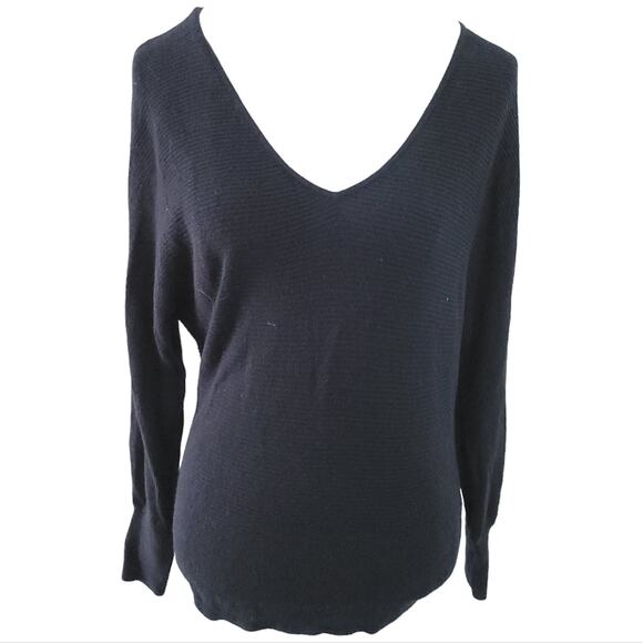 Leith Black Ribbed Vneck Sweater Small Cotton Blend Long Sleeve Top Fall Winter - Picture 1 of 6